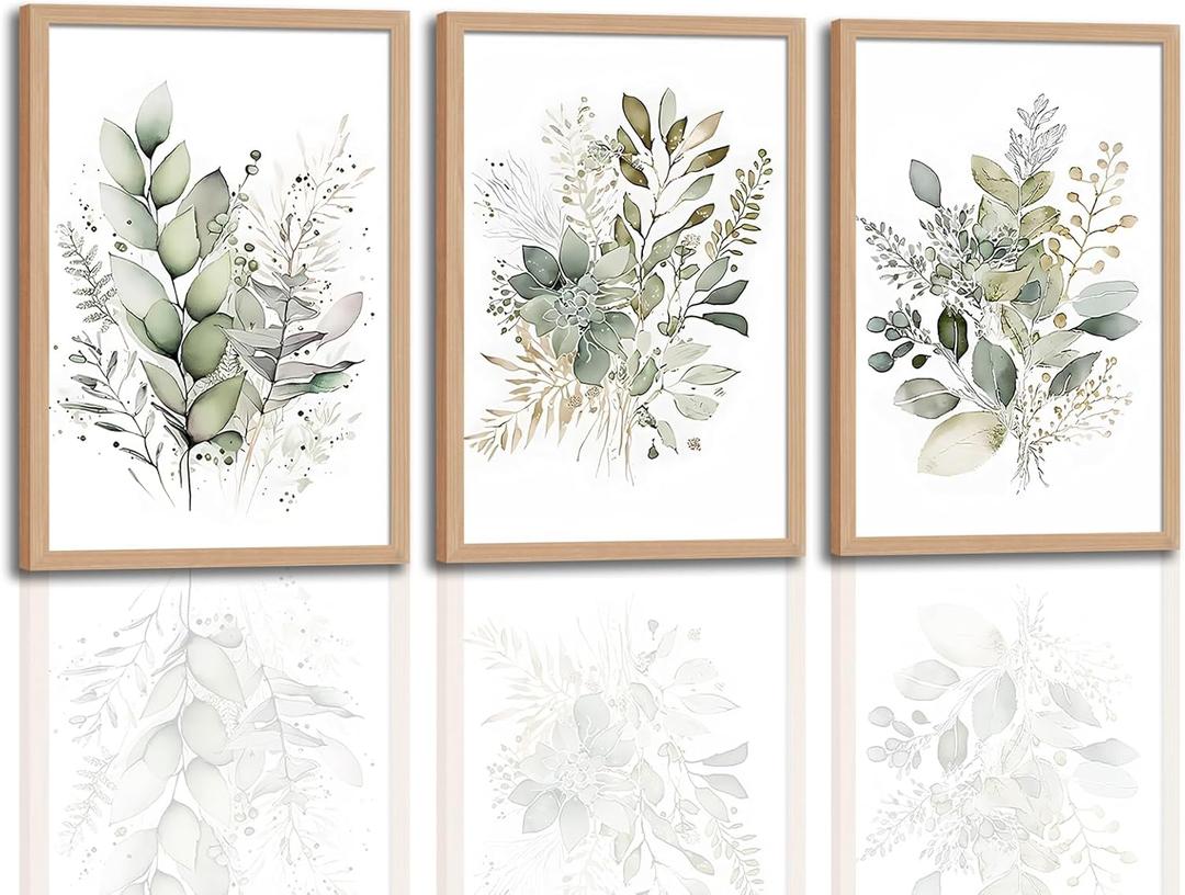 3Pcs Framed Sage Green Botanical Wall Art, Watercolor Canvas Prints Modern Green Plant White Floral Decor for Bedroom Living Room Bathroom Nursery, Ready to Hang wooden frame 12x16In
