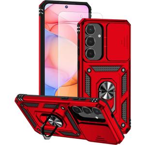 Case for Samsung Galaxy S25 FE Case with Tempered Glass Screen Protector, Built in Camera Lens Cover and Ring Holder Kickstand, Soft TPU Hard Back Phone Cover (Kickstand-Red)