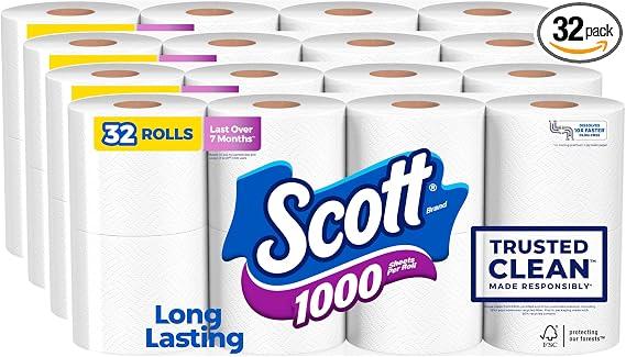 Scott 1000 Trusted Clean Toilet Paper, 32 Rolls, 1000 Sheets per Roll, Long Lasting Rolls: Each toilet paper roll comes with 1000 sheets