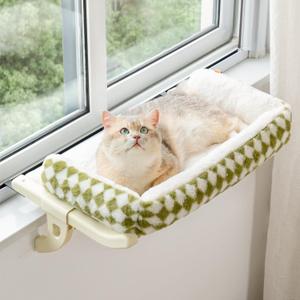 MEWOOFUN Cat Window Sill Perch for Indoor Cats, One-Step Sliding Clamping Slot Adjustment Cat Window Hammock with Removable Covers, Cat Bed for Windowsill & Bedside (Green, Large)