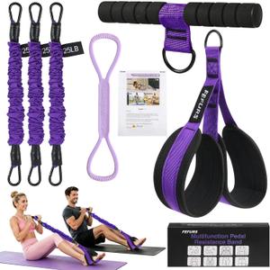 Foot Pedal Resistance Band with Handle,3 Tube Adjustable 75LB Exercise Bands,Upgrade Full Body Workout for Men & Women,Core Abs Legs Glutes Arms, Pilates Strength Training Home Gym Equipment