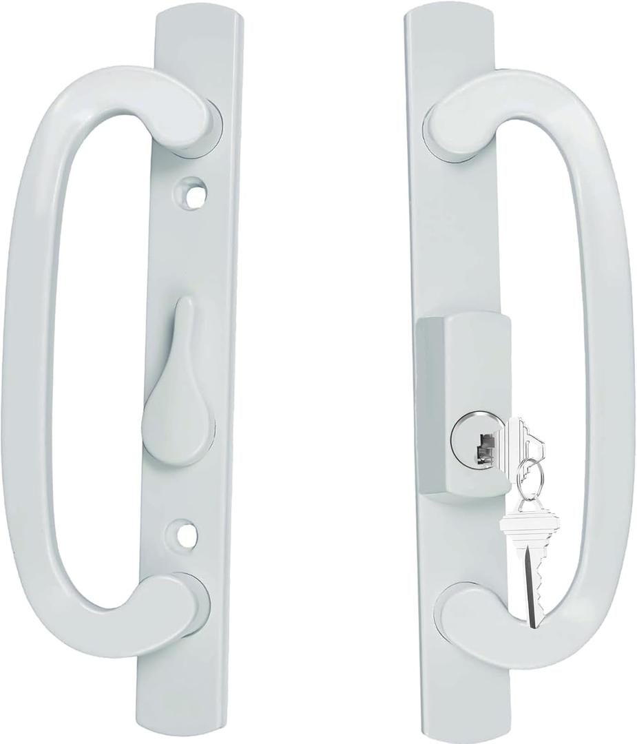 ReigaHood Keyed Sliding Patio Glass Door Handle Set Fits for Truth Legacy & Sash Controls P/N #2265, 45 Keyway w/o Mortise Lock, 3-15/16" Hole Centers, Non-Handed, White Diecast, B Position