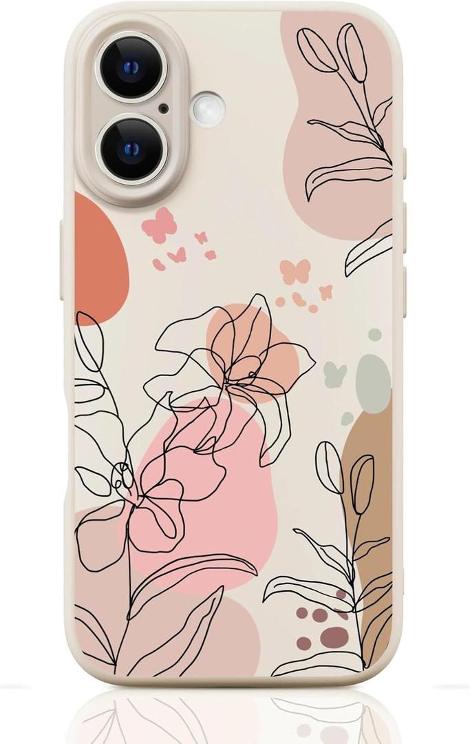 Silicone Phone Case for iPhone 16 Compatible with Magsafe, Boho Retro Modern Vintage Cute Lily Floral Flower Spring Summer Designer Shock Proof Heavy-Duty Protection for Women Girls Men (White)