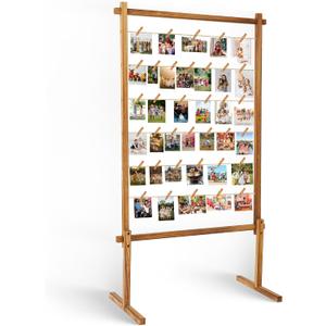 Collage Picture Frame,Photo Display Board with Clips,Wood Pictures Photos Frames With Stand for Wedding Graduation Party Birthday Greeting Letter Postcards Christmas Cards Holder Organizer,53 inch, Standing