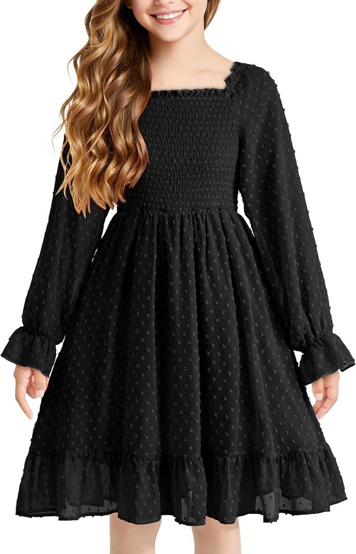Cubear Girls Long Sleeve Dress Kids Ruffle Tiered Dress Swiss Dot A-Line Christmas Fall Winter Dress 6-15 Years (8-9 Years)