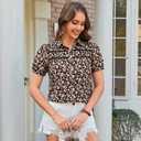 AOVDE Women Floral Leopard Button Down Shirts Puff Sleeve Blouse Contrast Trim Casual Dressy Summer Tops (M)
