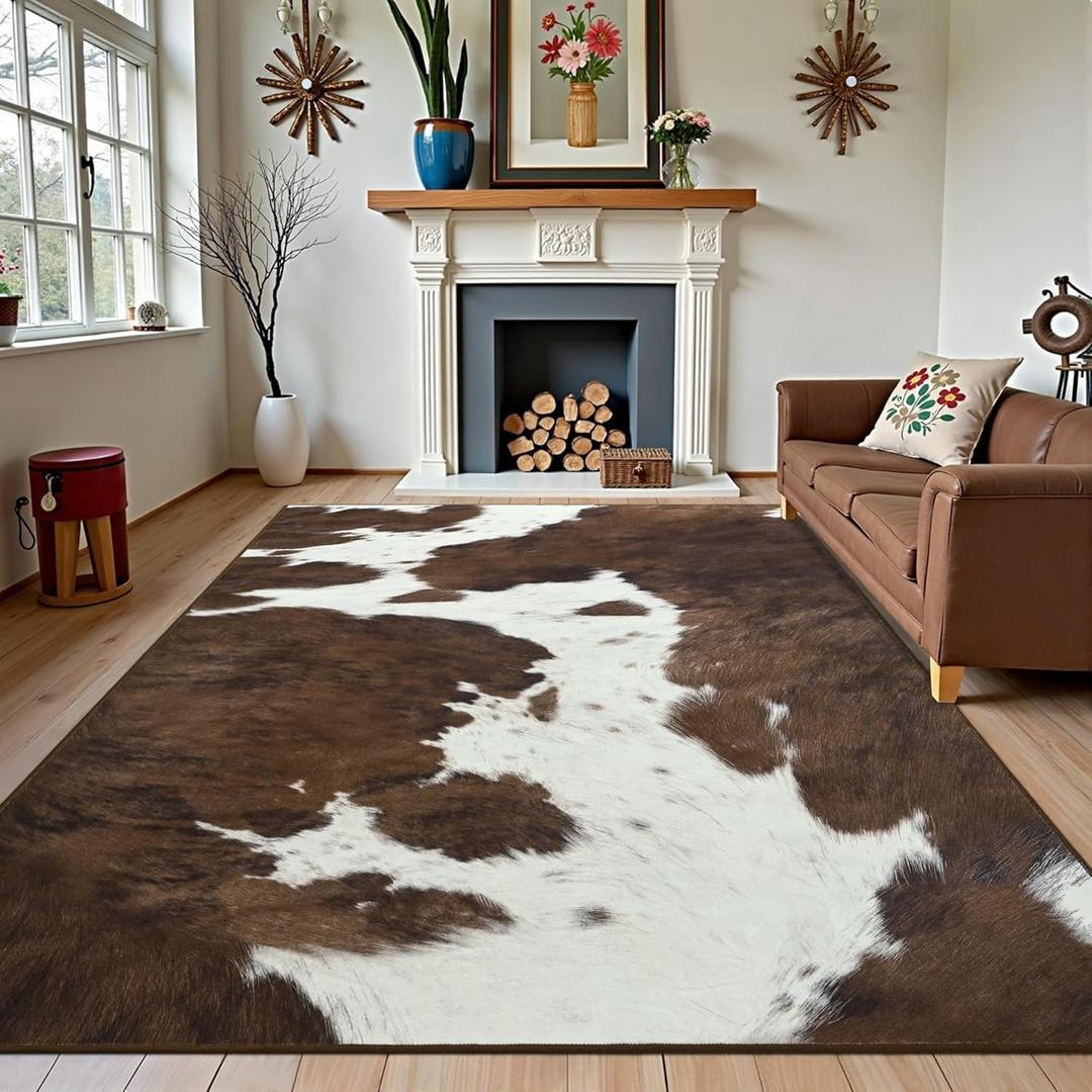 Foxmas Cow Print Rugs for Living Room Bedroom, 8x10 Washable Non-Slip Low Pile Indoor Floor Rug, Carpet for Dining Room Kitchen Office Western Home Decor, Brown