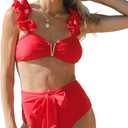 SPORLIKE Women High Waisted Swimsuit Flounce Straps Bikini Bathing Suit (Large, Red)