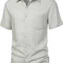 ZEROYAA Men's Linen Shirts Short Sleeve Summer Casual Button Down Beach Shirt with Pocket (L)
