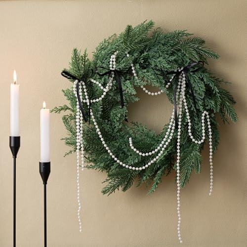 Suncalla 20'' Black White Christmas Wreath with Bow Pearl Chains Faux Norfolk Pine Wreath Artificial Cedar Christmas Greenery Decoration for Xmas Front Door Window Wall Fireplace Indoor Outdoor