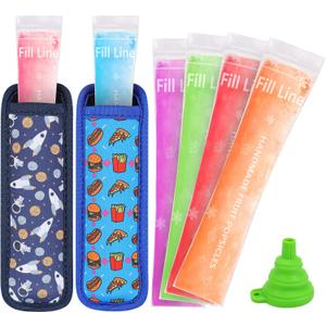 50 Disposable Ice Popsicle Mold Bag 2 Popsicle Holder, Freezer Tubes with Dual Zip Seals for Yogurt, Juice&Smoothies Snacks and Ice Pop Neoprene Anti Freezing Sleeves for Kids (Multicolor-3)