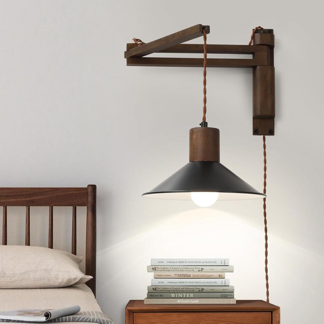 Wood Plug in Wall Sconces, Swing Arm Wall Lamp with Dimmable On Off Switch, Vintage Wall Mounted Light Fixture with Cord for Bedroom Nightstand Bedside Reading Lamp - Bulb Included (Wood)