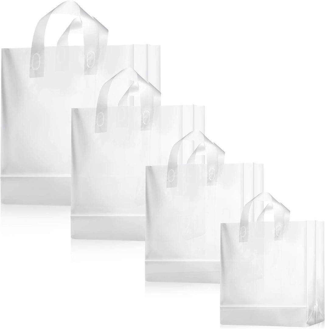 100 Pcs Frosted Plastic Gift Bags with Handles for Small Business Clear Shopping Bags with Cardboard Bottom,4 Sizes