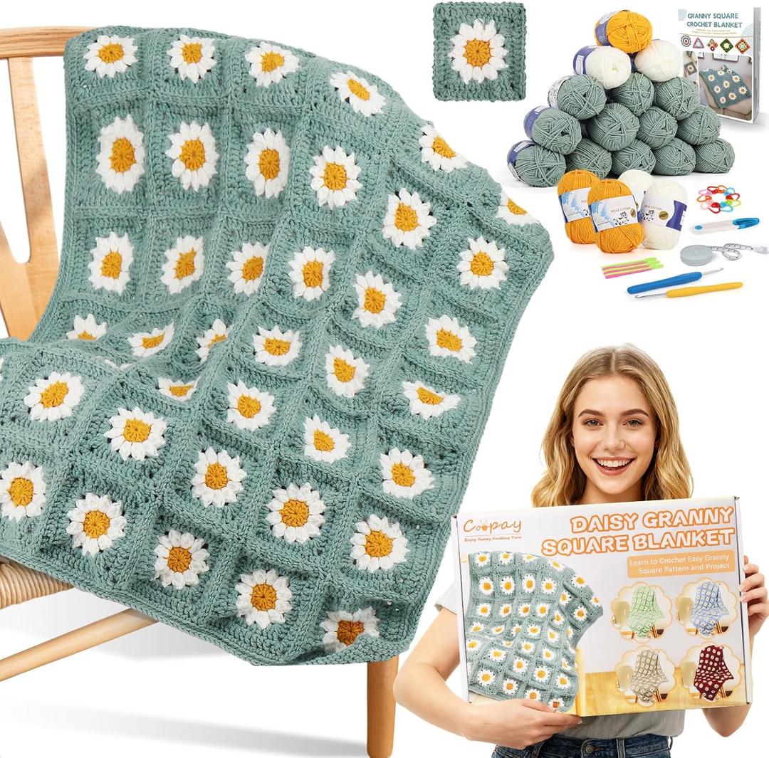 Coopay Crochet Kit for Beginners, Crochet Starter Kit for Blanket, Granny Squares Video Instructions, Easy to Learn Knitting for Beginner (Green - Daisy)