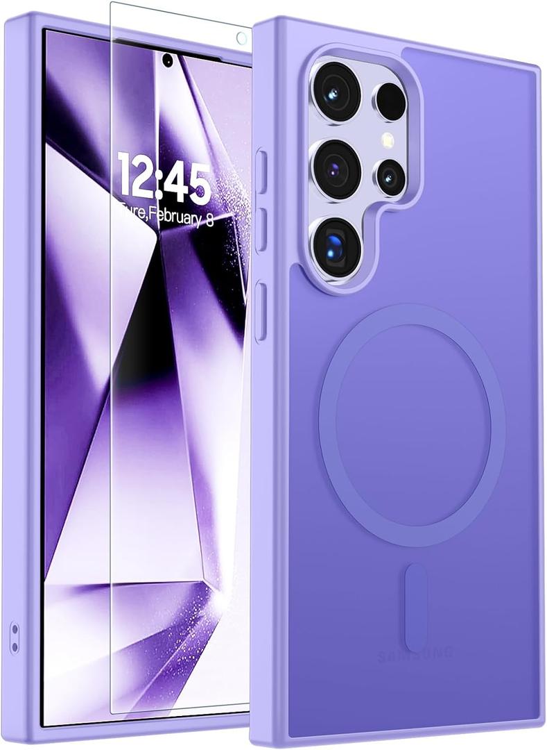SUPFINE Magnetic for Samsung Galaxy S24 Ultra Case with Screen Protector, (Built-in Magnets) (Military Grade Drop Protection) Slim Translucent Shockproof Phone Case,Purple