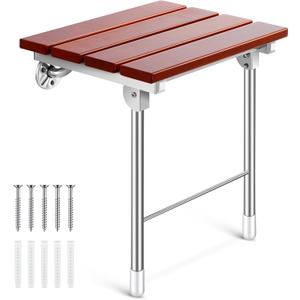 Geetery Folding Shower Seat Wall Mounted, 18'' Shower Chair with Support Legs Collapsible Bathroom Safety Bench Fold Down Wall Wood Bath Chair Seat for Elder Disabled Pregnant Adult (Load 400 Lbs)