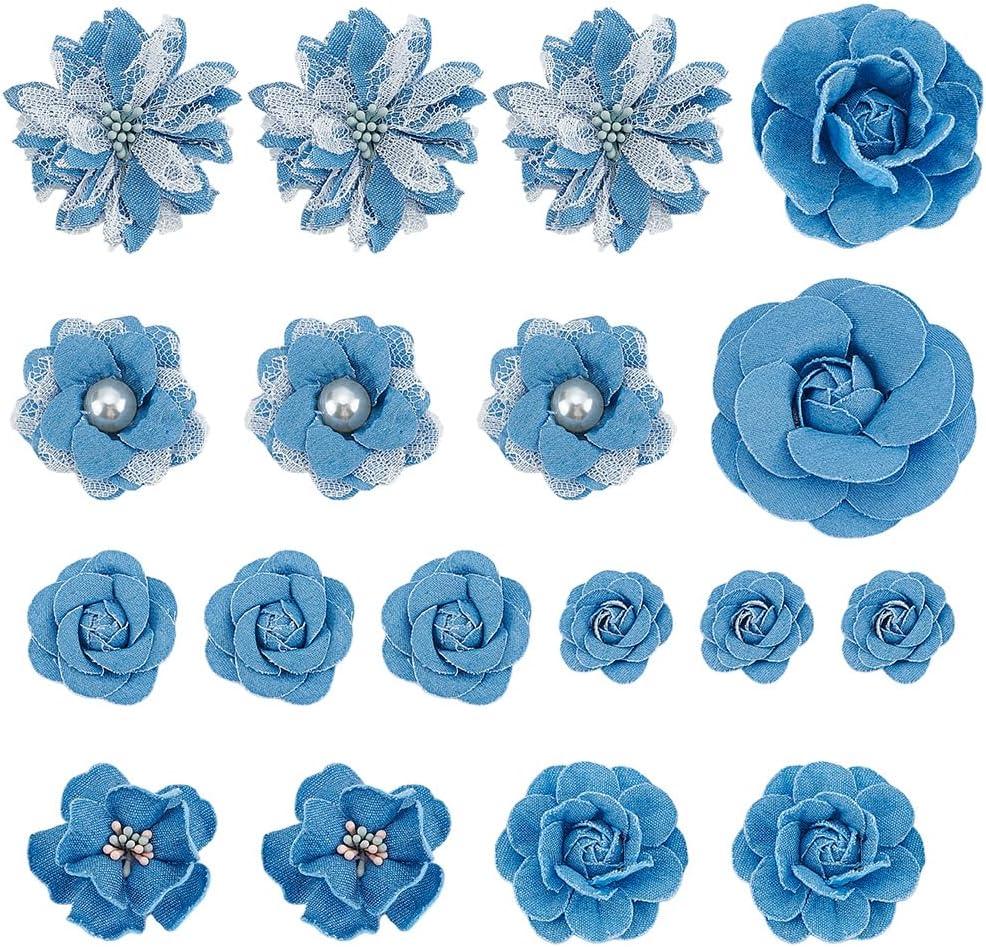 18 PCS Flower Shape Denim Fabric Patch Set, Denim Ribbon Fabric Sewing Flowers for Clothes Hairclips Decoration, DIY Costume Accessories and Flower Decorations Crafts for Party