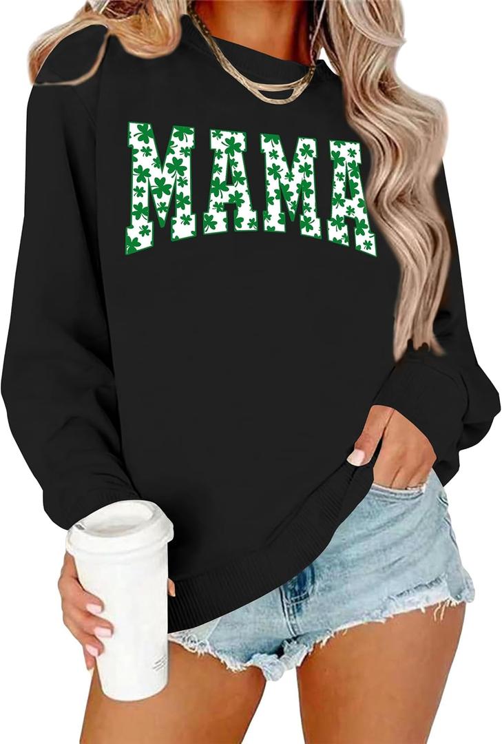 St Patricks Day Sweatshirt Women Lucky Shamrock Shirt Embroidered Striped Holiday Long Sleeve Pullover Tops (Black)