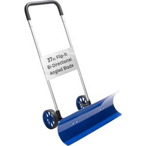 Idzo Efficient Snow Pusher, Snow Plow Shovel with 37-Inch Reversible and Bi-Directional Angled Blade, Snow Shovel with Wheels & Convenient 90 Degree Handle for Driveways, Sidewalks, Ice Hockey Rinks (Blue)