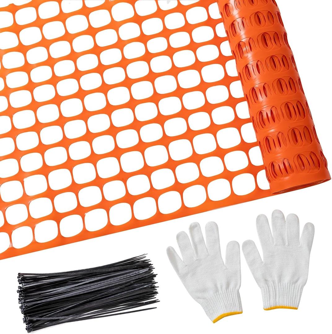 PotatoLife Plastic Mesh Fence Safety Fence, 4'x100' Roll with 100 Zip Ties, Resuable Temporary Netting for Garden Fencing, Construction, Snow Fencing, Animal Barrier, Poultry, Deer, Patio, Orange