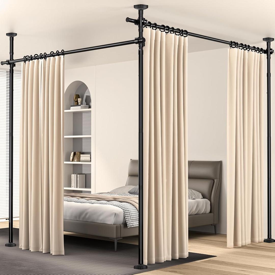 Room Divider, Tension Curtain Rod No Drilling,4-10ft(H) 28-140inch(W) Wall Divider for Room Separation, Heavy Duty Room Partition Separator, Adjustable Folding Privacy Screens,Black