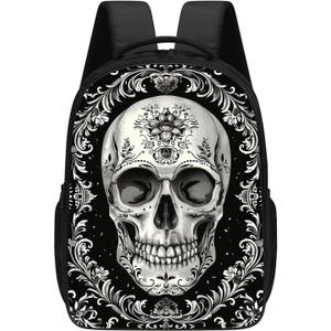 KOYI Skull Backpack Goth Gothic Skeleton with Floral Flowers Backpack Day of Dead Skull with Tattoo School Bag,16 Inch Kids Backpacks for Kindergarten,Elementary School Boys and Girls,Black and White