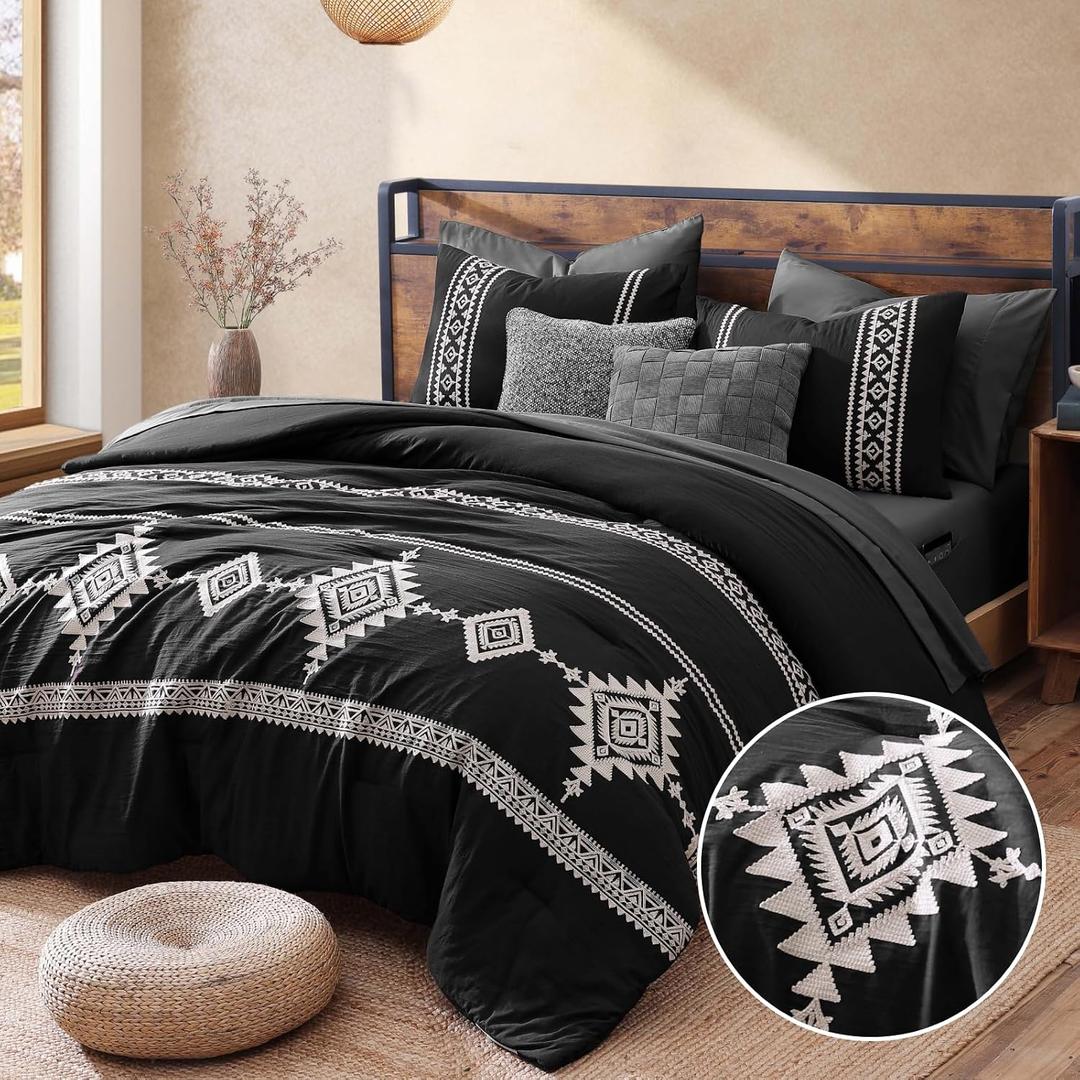 MaiRve Embroidery Queen Size Comforter Set Black, Boho Farmhouse Western Bedding Set 7 Pieces, All Season Bed in A Bag Comforter Set with Sheets, Pillowcases & Shams