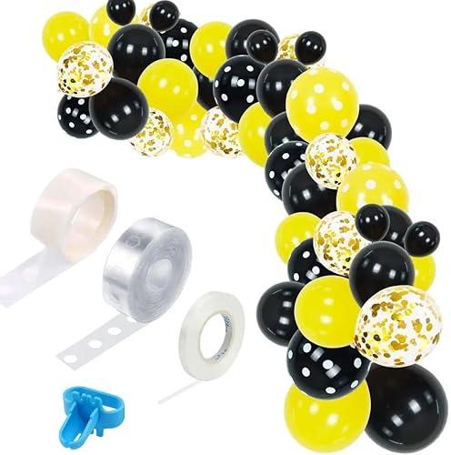BIENVENUE BABY™ - Yellow Black Polka Dots Garland Balloon, Natural latex for Birthday, Baby Shower decoration, 104 Pieces, Easy DIY Kit.