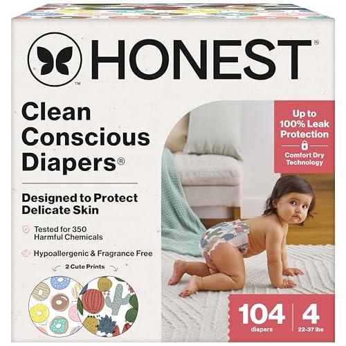 The Honest Company Comfort Dry Disposable Diapers for Sensitive Skin, Hypoallergenic, Fragrance-Free, Donut Grow Up + Cactus Cuties, Super Club Box, Size 4 (22-37 lbs), 104 Count