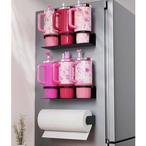 2 Pack Magnetic Stanley Cup Holder - Water Bottle Organizer for Stanley 30&40 oz Tumbler & 1 Pack Magnet Paper Towel Holder Without Drilling, Black Kitchen Storage Rack
