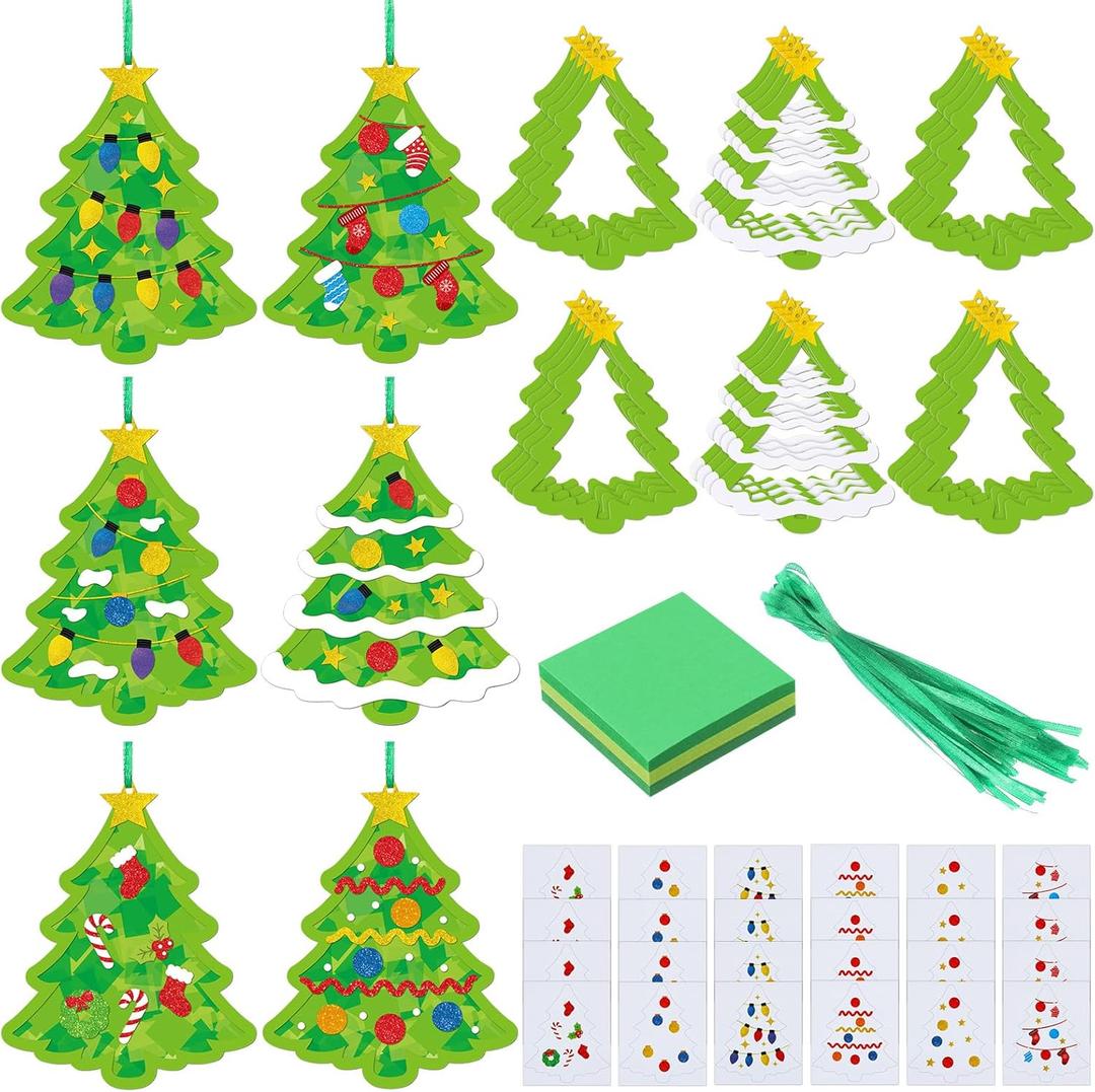 Epakh 24 Sets Christmas Tree Crafts Kit Christmas Crafts Tissue Paper Sun Catcher Bulk Winter Xmas DIY Art Make Your Own Hanging Home Ornaments for Xmas Holidays Party Activities Decors
