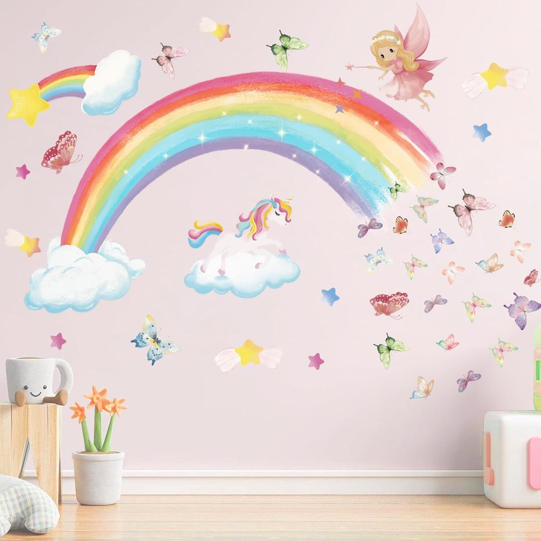Rainbow Wall Decals Unicorn Wall Decals for Girls Bedroom Fairy Butterflies Clouds Wall Stickers Room Decor for Baby Girls Nursery Daycare Playroom