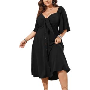 SCOMCHIC Plus Size Summer Dress Casual Short Sleeve Bow Tie Deep V Neck Smocked Button Down Midi Flowy A-line Boho Dresses (XX-Large Plus)