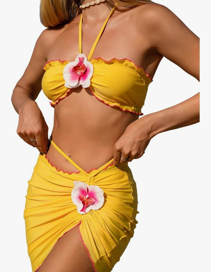 Milumia Women Three Piece Bikini Set 3D Floral Tie Back Lettuce Trim Halter Swimsuit with Cover Up