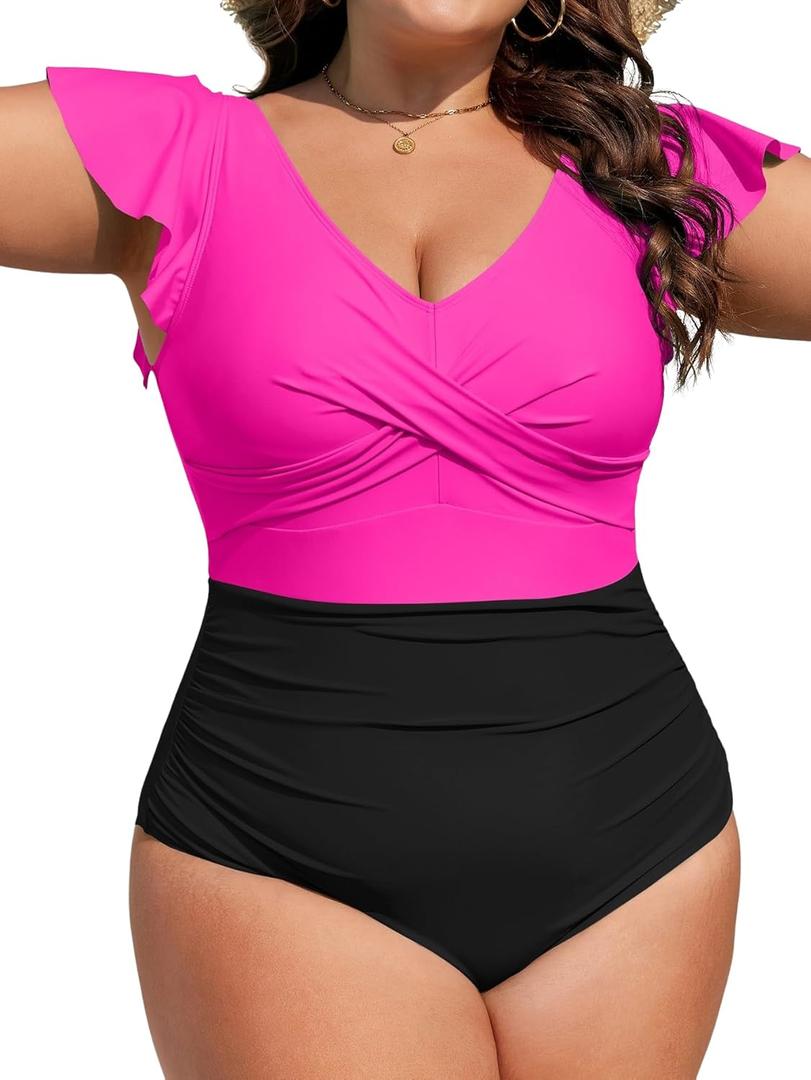 B2prity Women's Plus Size One Piece Swimsuit Tummy Control Ruffle Bathing Suit V Neck High Waist Wrap Swimwear (XX-Large, Hot Pink,black)