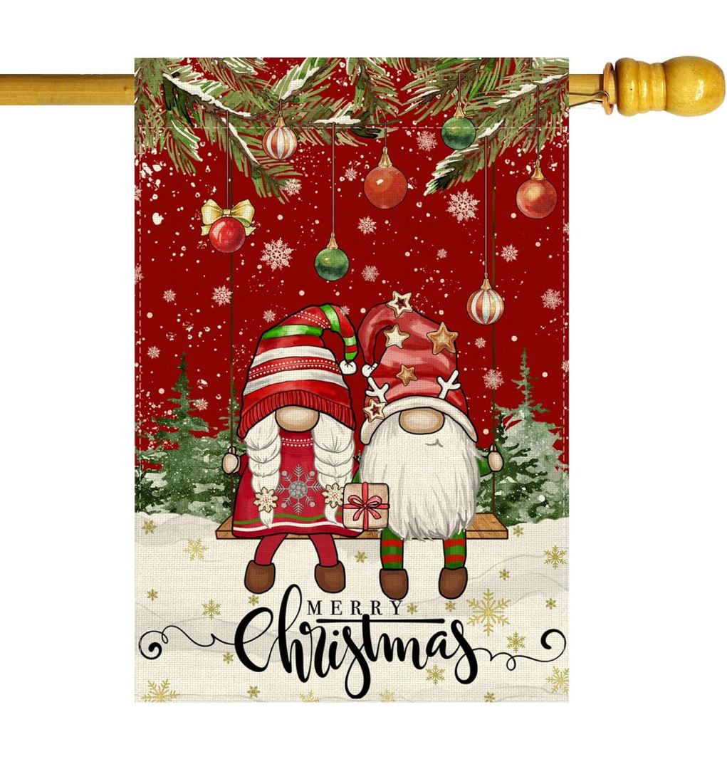 Merry Christmas Gnomes Pine Trees Bells Snowflakes Winter House Flag large 28X40 Inch Big Vertical Double Sided Yard Outdoor Outside Holiday Decoration