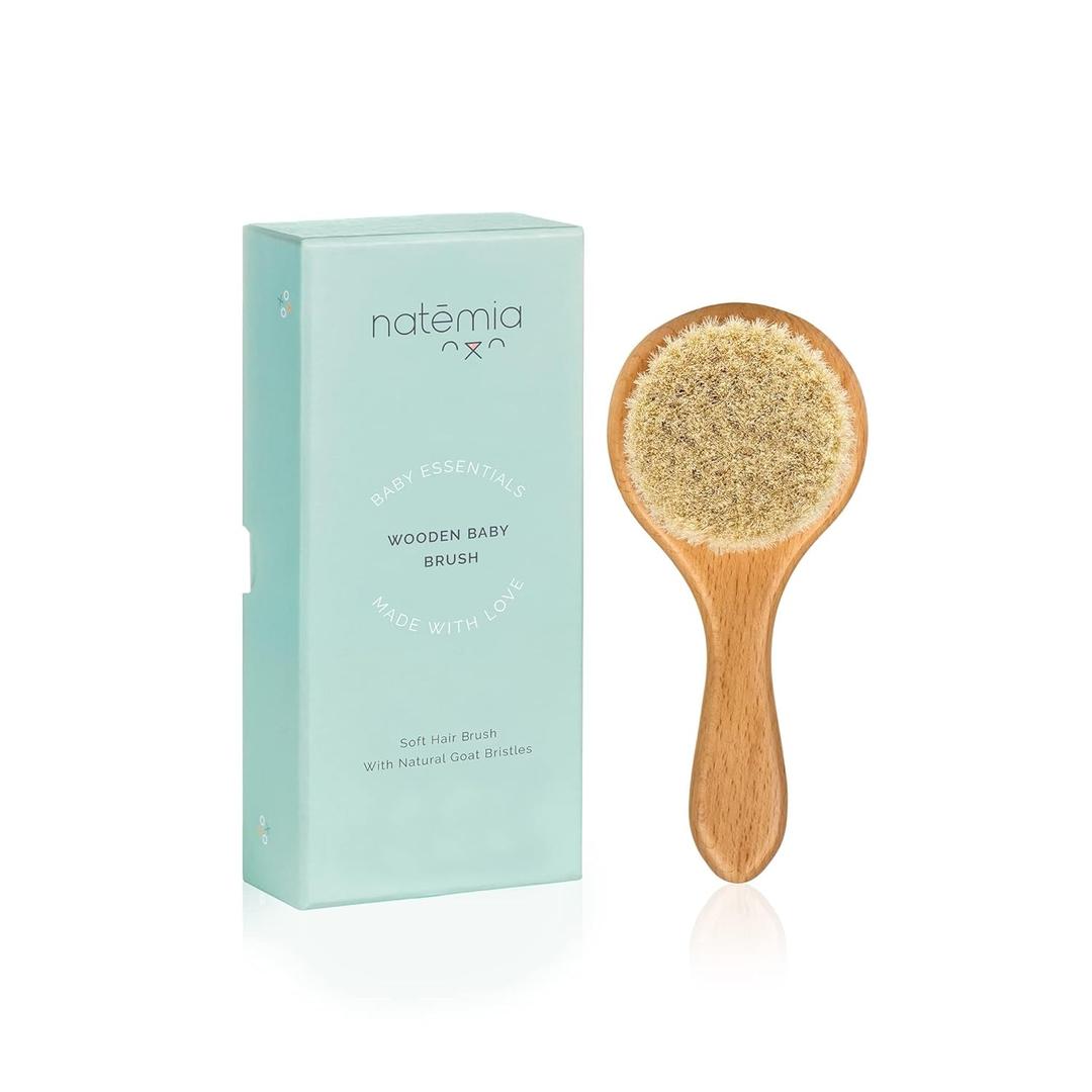 Natemia Wooden Baby Hair Brush | Natural Soft Bristles for Newborns & Toddlers | Gentle Cradle Cap Care | Ideal Baby Registry Gift (1 PC - Round Brush)