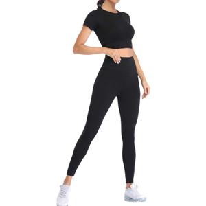 2 Piece Short Sleeve Outfits for Women Seamless Crop Tops Set for Women Workout Set (Large, Black)