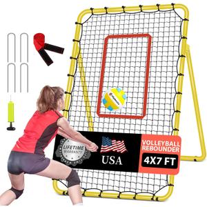 5-Angle Adjustable Volleyball Rebounder Net 7x4ft, Durable & Portable Bounce Back Training Equipment for Practicing Volleying Bumping Spiking with High-Tension Net, PU Volleyball, Pump, Stakes (Yellow)