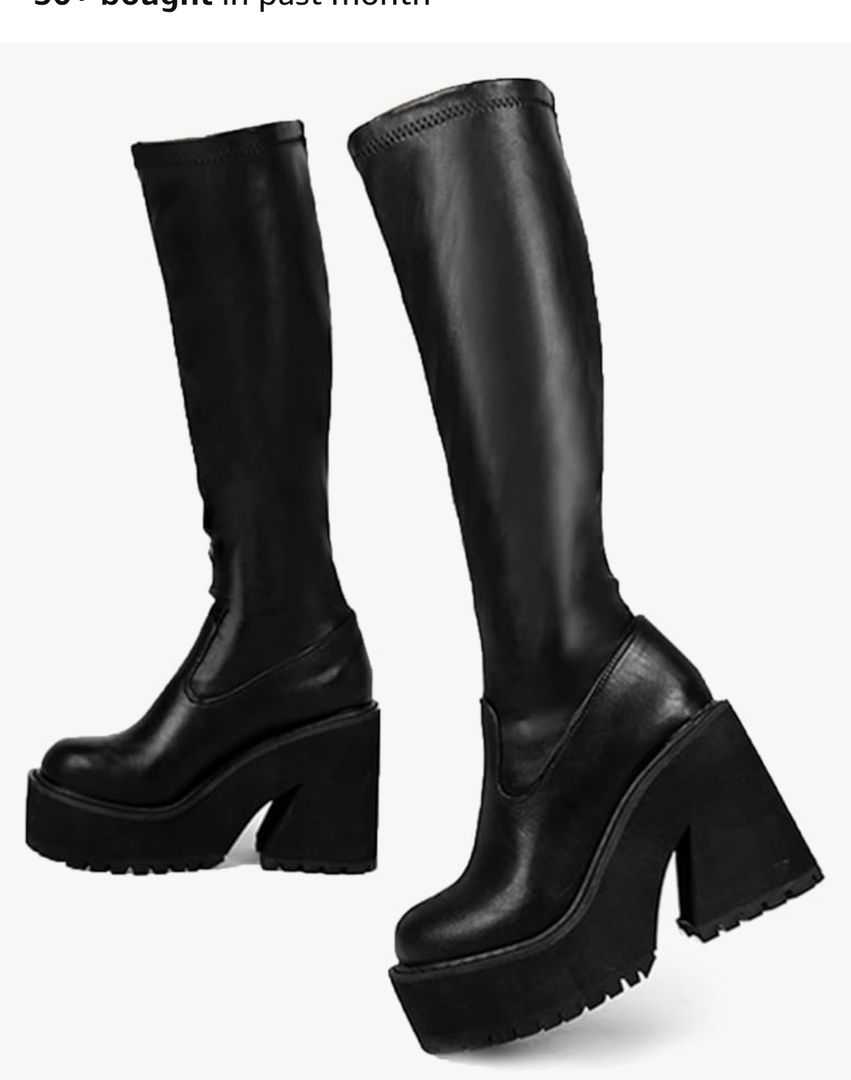 AMINUGAL Womens Elastic Knee High Platform Chunky Block High Heel Sock Boots Zipper Round Toe Fashion Motorcycle Combat Punk Boots For Women Size 5.5