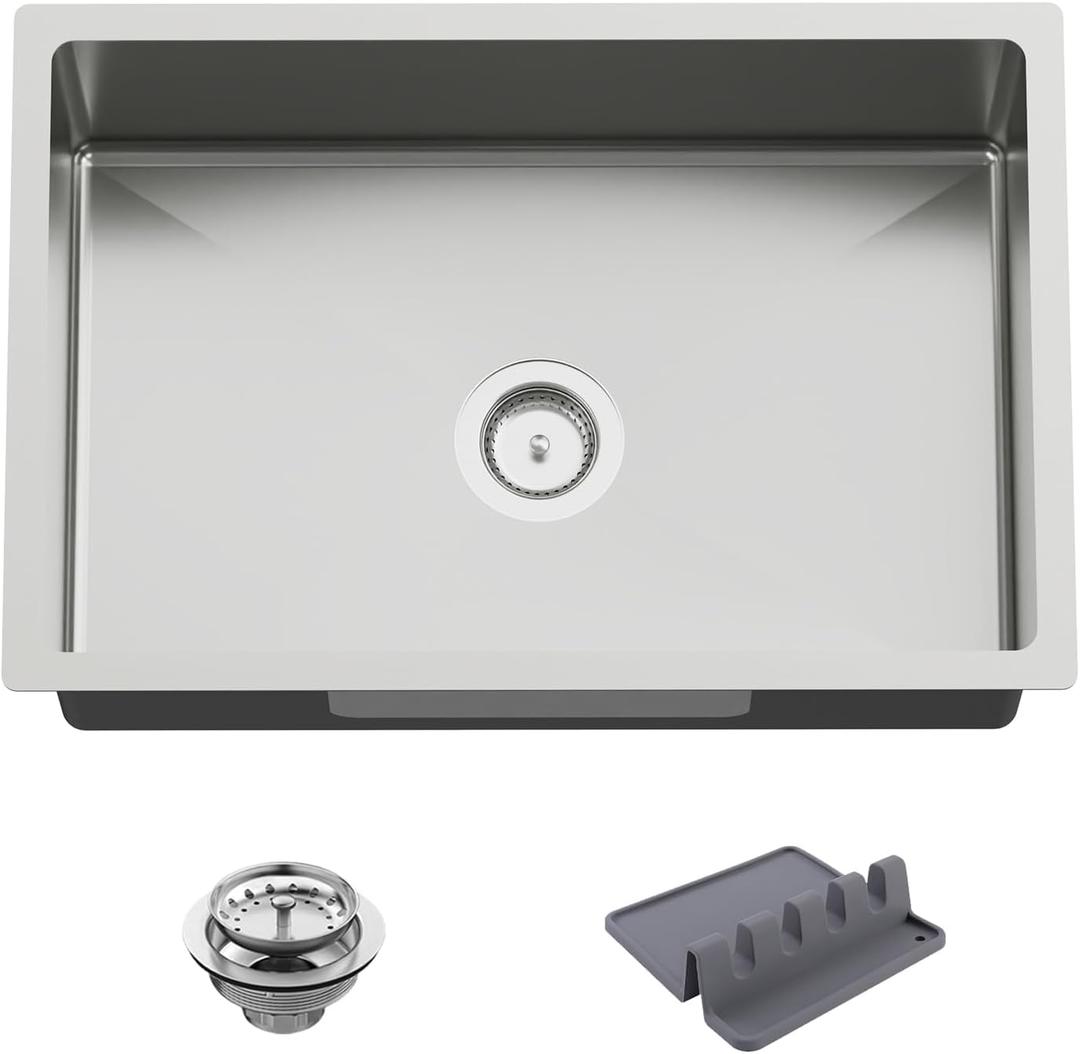 Kitchen And Bar Sink, 27x18 Inch Stainless Steel Undermount Modern Single Bowl Kitchen And Bar Sink Combo-Silicon Mat,Drain Strainer Set Compatibility With Various Kitchen&Bar Style