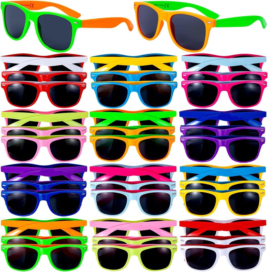 36 Pack 12 Colors Neon Sunglasses Party Favors 80s Retro Style Sun Glasses for Beach Pool,Carnival,Party Favors,Birthday Party,Bulk Pack Sunglasses for Adults And Kids