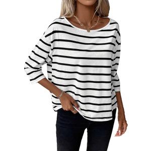 LilyCoco Womens 3/4 Length Sleeve Tops Striped Boat Neck Shirt Frenchy Cotton Tees White Small (S)