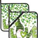 St Patrick's Day Gnome Pot Holders Set of 2 Shamrock Green Clovers Kitchen Decorative Heat Resistant Potholder Cotton Lining Oven Hot Pads for Cooking Baking Microwave Oven End Dishes BBQ Gifts