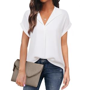 Timeson Women's Short Sleeve Chiffon Blouses for Office Work Business Attire Collared Shirts (White) S