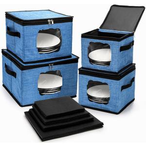 4 Size China Storage Containers, Hard Shell Quilted Plates Moving Case with Handle Window, Heavy Duty Stackable Dish Organizer for Dinnerware, Glasses, Including 48 Pieces Felt Divider