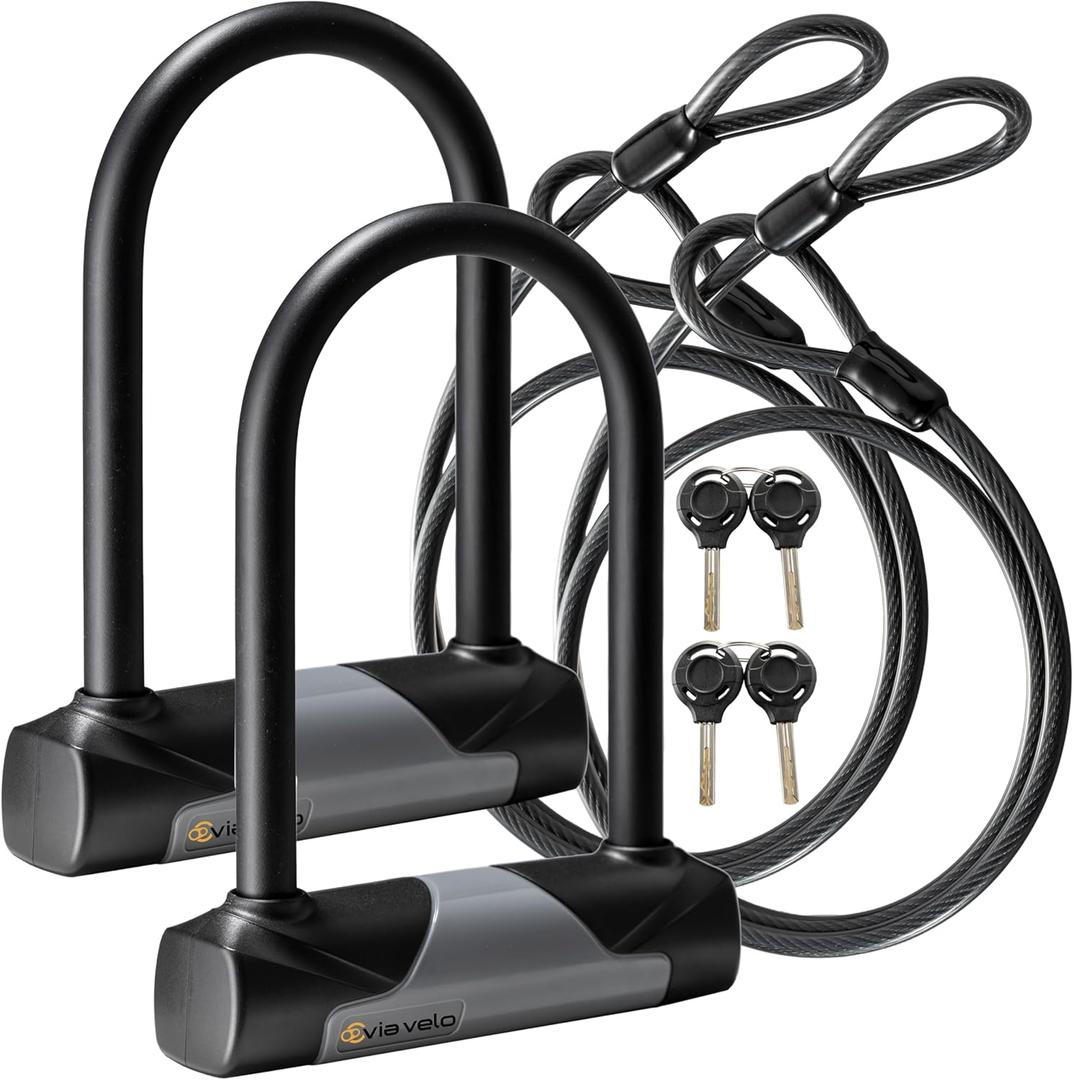 Via Velo 2 Bike Lock Sets with Same Key System Heavy Duty Anti-Theft Bicycle U Locks with 8 mm x 4ft Braided Steel, 4 Keyed Alike Keys for E-Bike, Scooter Mountain Road Bike