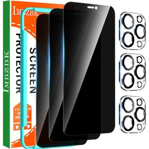 IMBZBK 3 Pack Privacy Screen Protector for iPhone 12 Pro Max Tempered Glass with 3 Pack Camera Lens Protector, Accessories 9H Anti Spy for Apple 12 Pro Max, 2.5D Curved, Case Friendly, Transparent