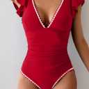 Aidonger Women's One Piece Ruffle Swimsuit Tummy Control Bathing Suit V Neck Shell Stitched Swim Suit Slimming Swimwear (Red, M)