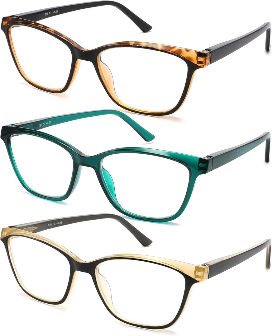 Reading Glasses for Women, 3-Pack Blue Light Computer Eyeglasses, Cat-Eye Fashion Full Frame with Spring Hinge Ladies Readers +1.75diopter
